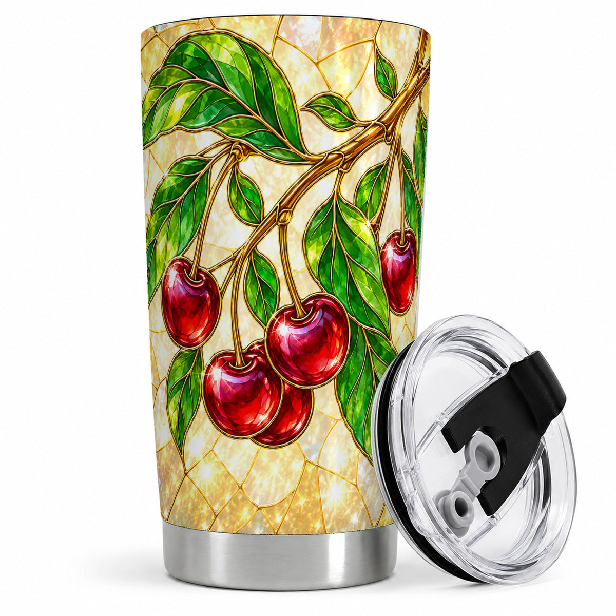 Stained Glass Style Cherry Tumbler, 20oz Tumbler with Fruit Artwork