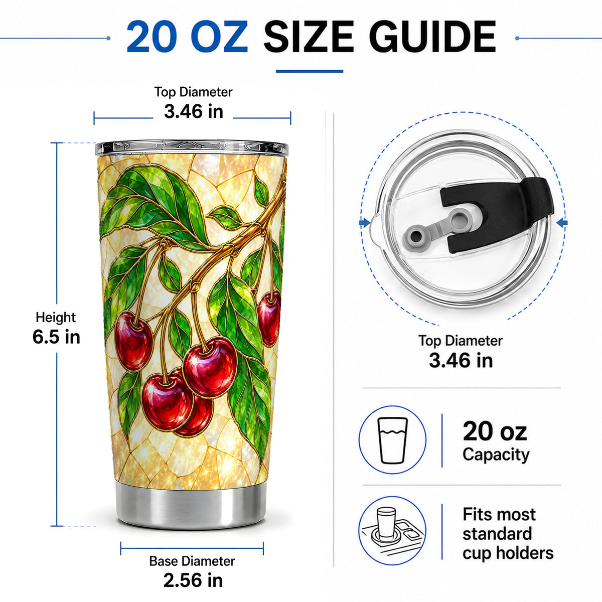 #pl[20oz|Steel] Stained Glass Style Cherry Tumbler, 20oz Tumbler with Fruit Artwork