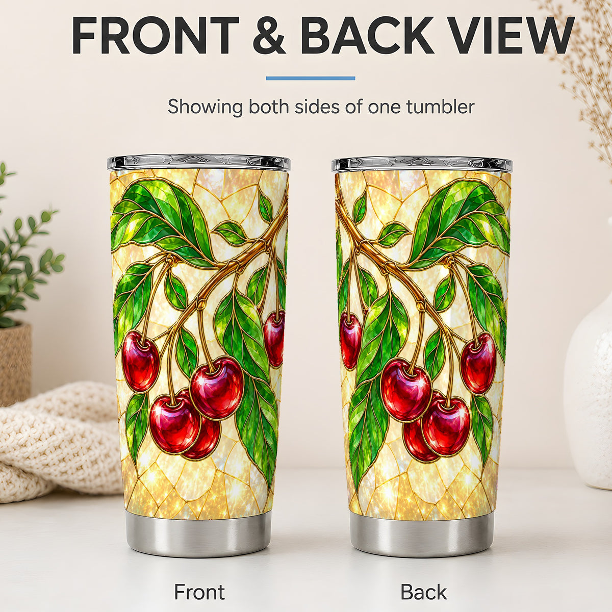 #pl[20oz|Steel] Stained Glass Style Cherry Tumbler, 20oz Tumbler with Fruit Artwork