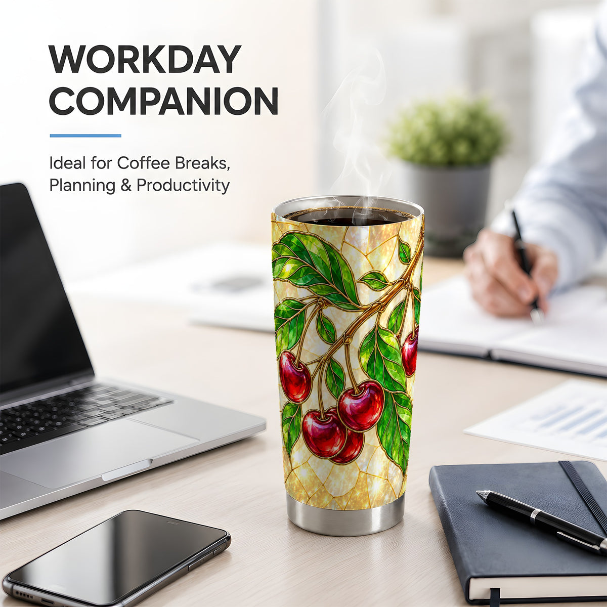 Stained Glass Style Cherry Tumbler, 20oz Tumbler with Fruit Artwork