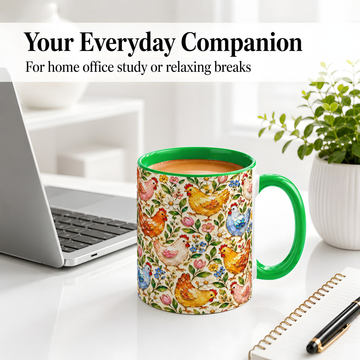 #pl[11oz|Green] Floral Chicken Pattern Ceramic Mug, Colorful Farm Bird Artwork