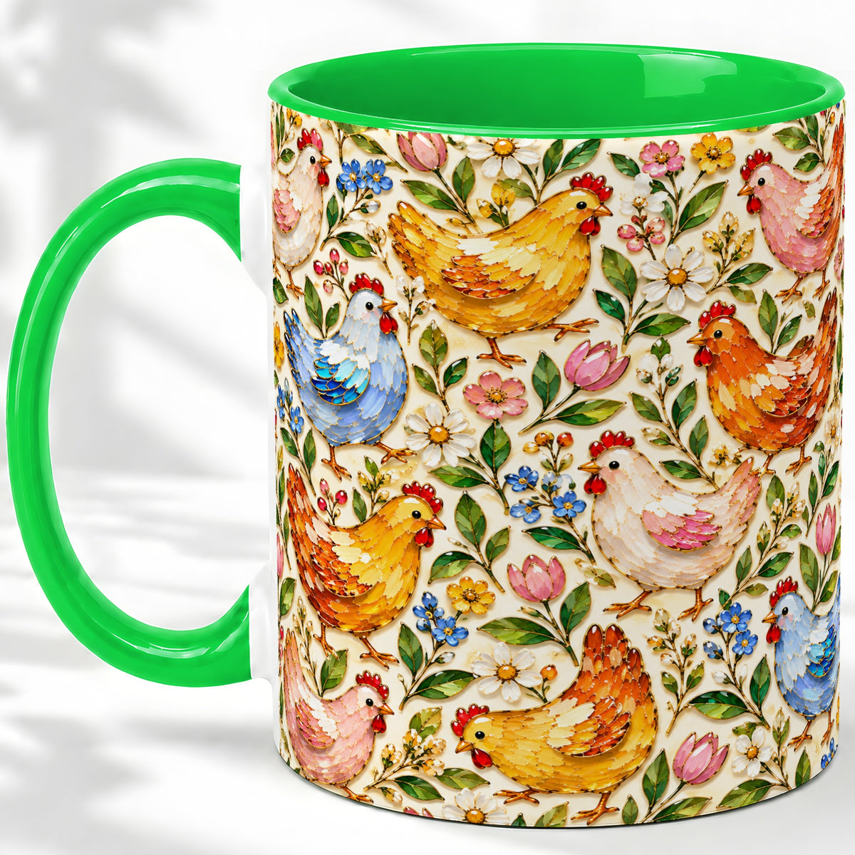 #pl[11oz|Green] Floral Chicken Pattern Ceramic Mug, Colorful Farm Bird Artwork