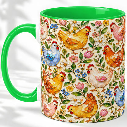 #pl[11oz|Green] Floral Chicken Pattern Ceramic Mug, Colorful Farm Bird Artwork
