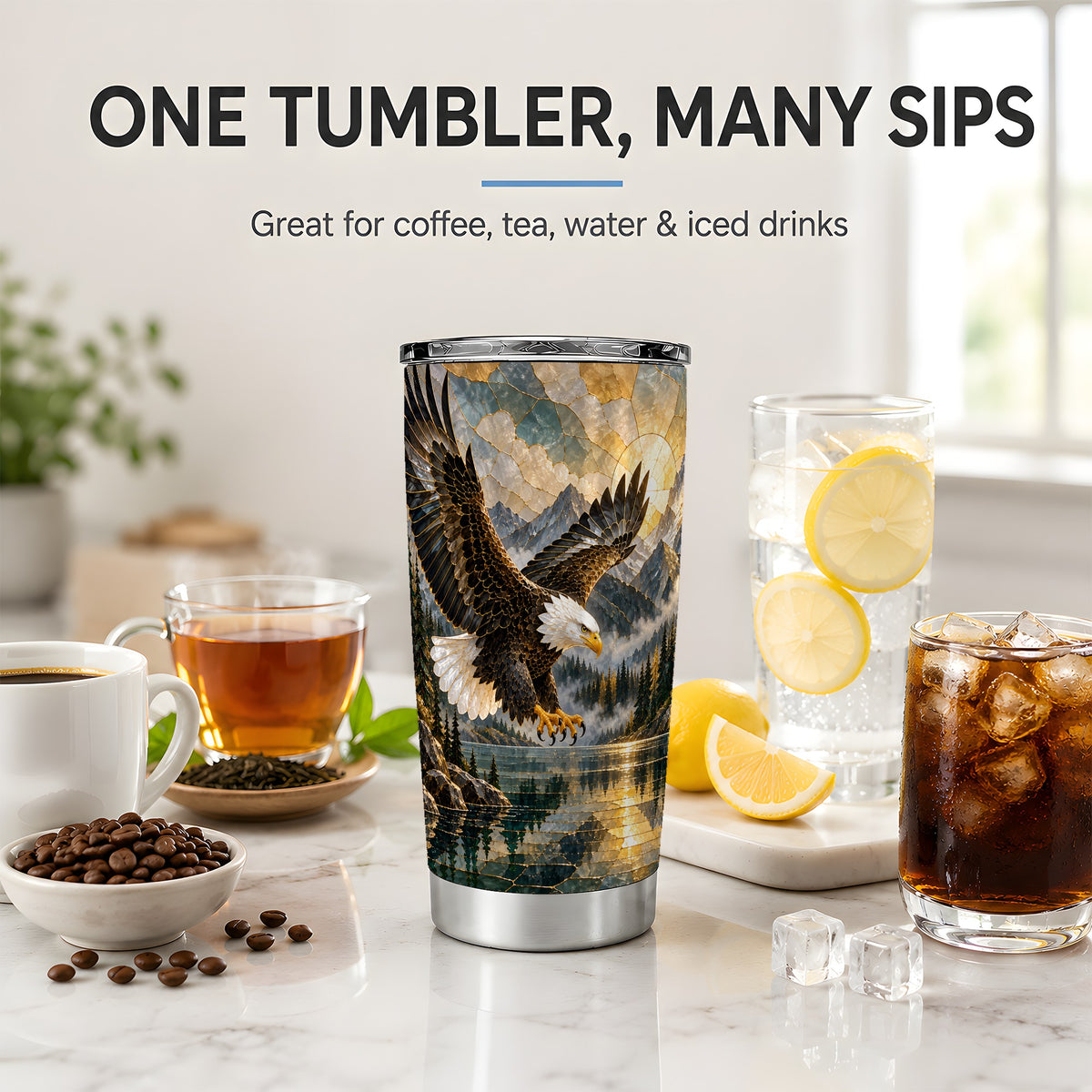 Bald Eagle Tumbler, 20oz Stainless Steel Tumbler with Mountain Art