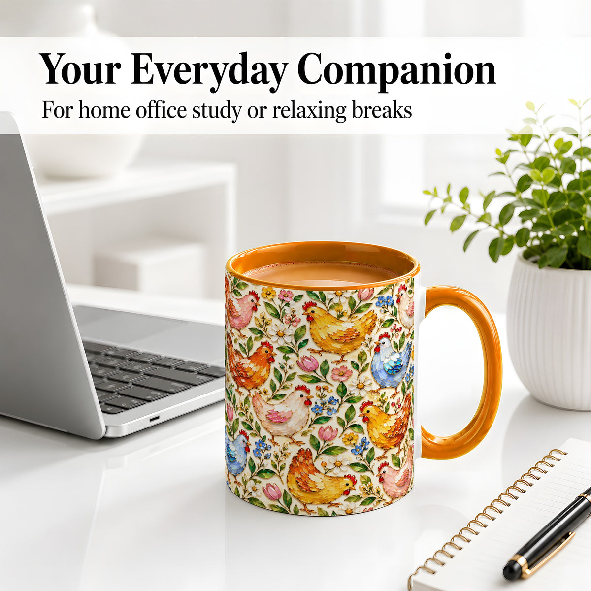 #pl[11oz|Orange] Floral Chicken Pattern Ceramic Mug, Colorful Farm Bird Artwork