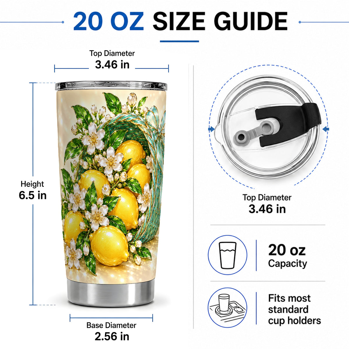#pl[20oz|Steel] Lemon Blossom Tumbler, 20oz Stainless Steel Tumbler with Citrus Art