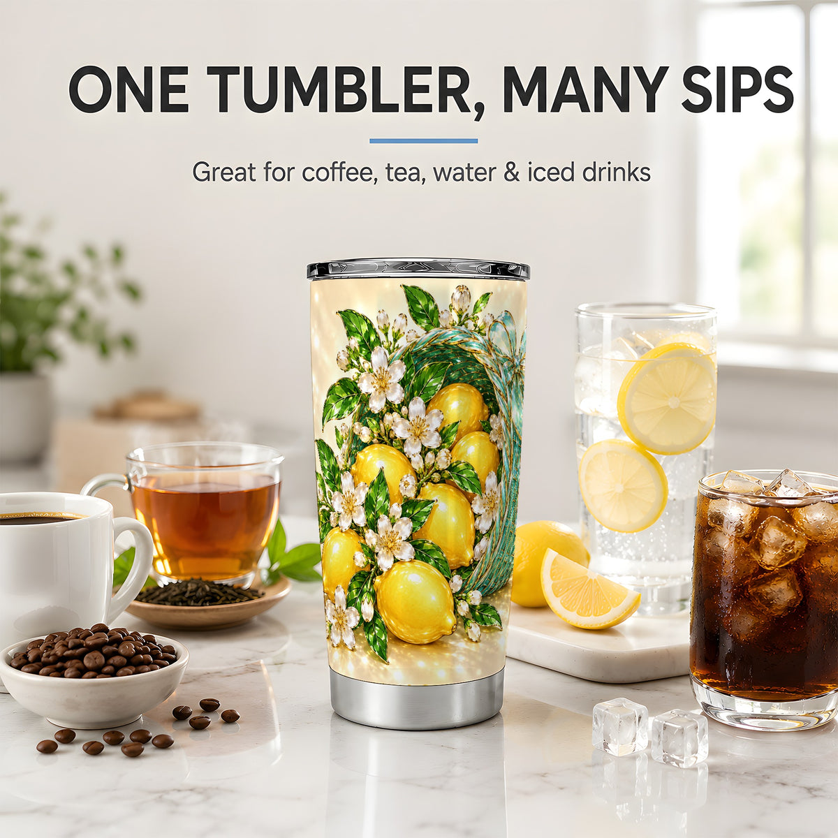 Lemon Blossom Tumbler, 20oz Stainless Steel Tumbler with Citrus Art