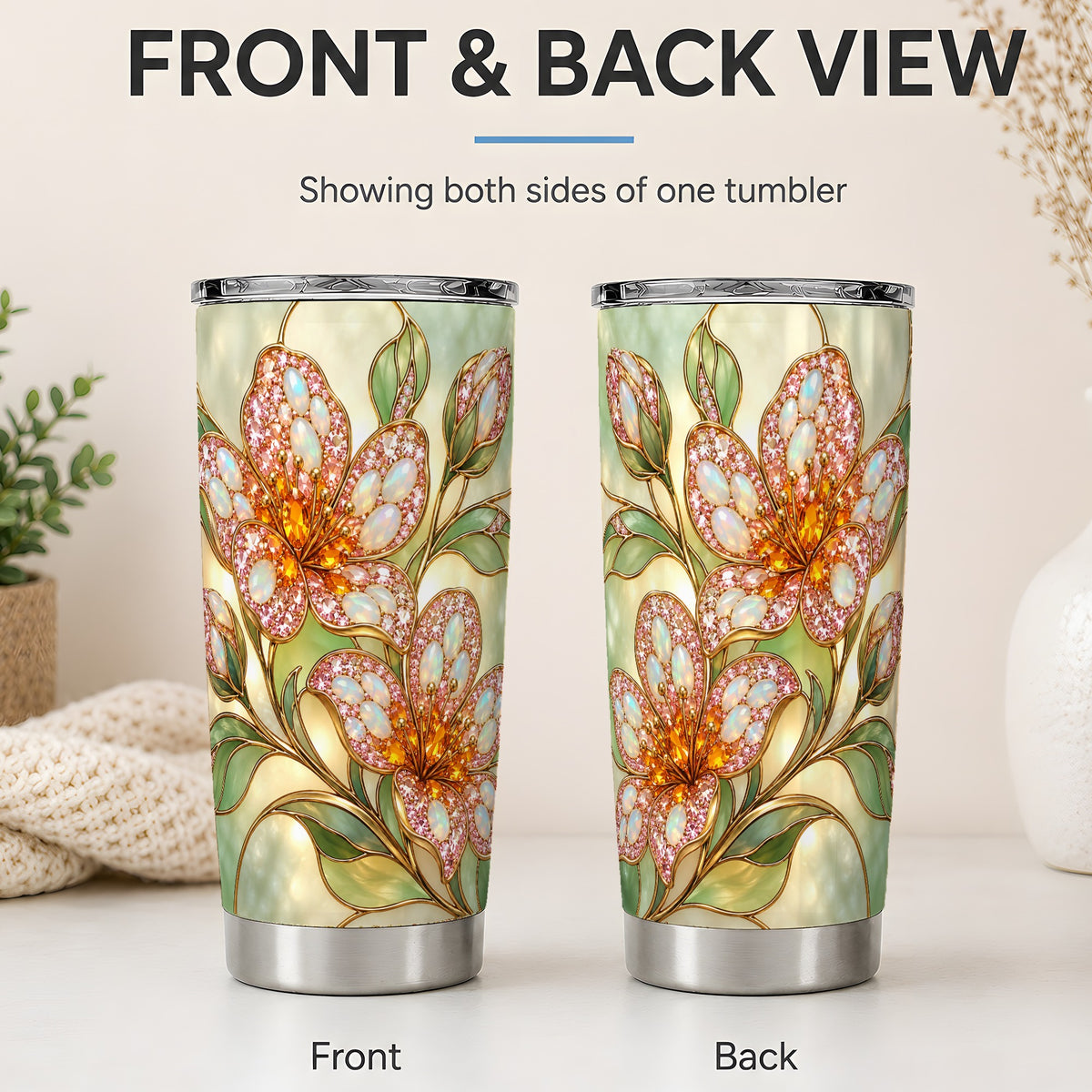 #pl[20oz|Steel] Jewel Style Floral Tumbler, 20oz Stainless Steel Tumbler with Blossom Art