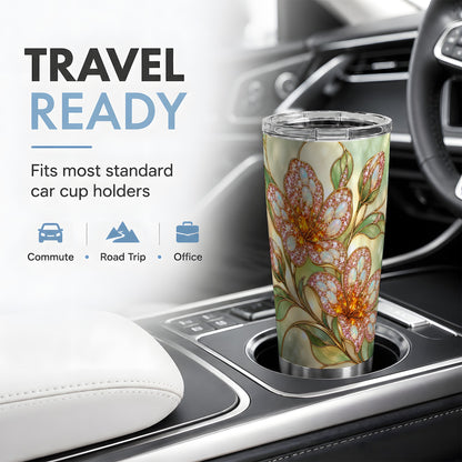 Jewel Style Floral Tumbler, 20oz Stainless Steel Tumbler with Blossom Art