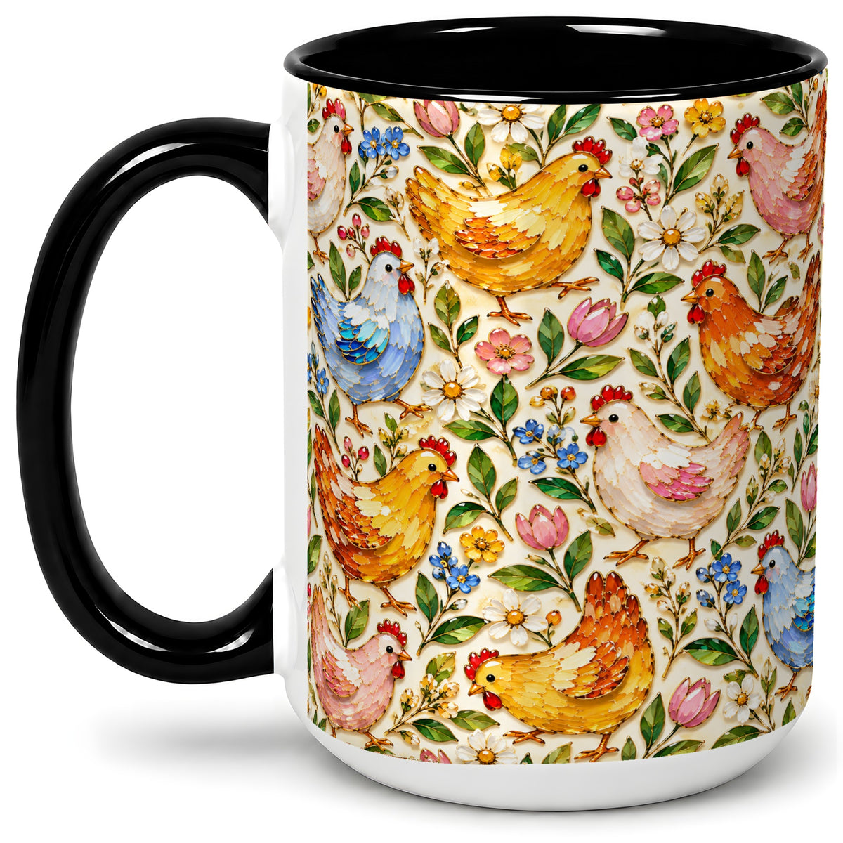 #pl[15oz|Black] Floral Chicken Pattern Ceramic Mug, Colorful Farm Bird Artwork