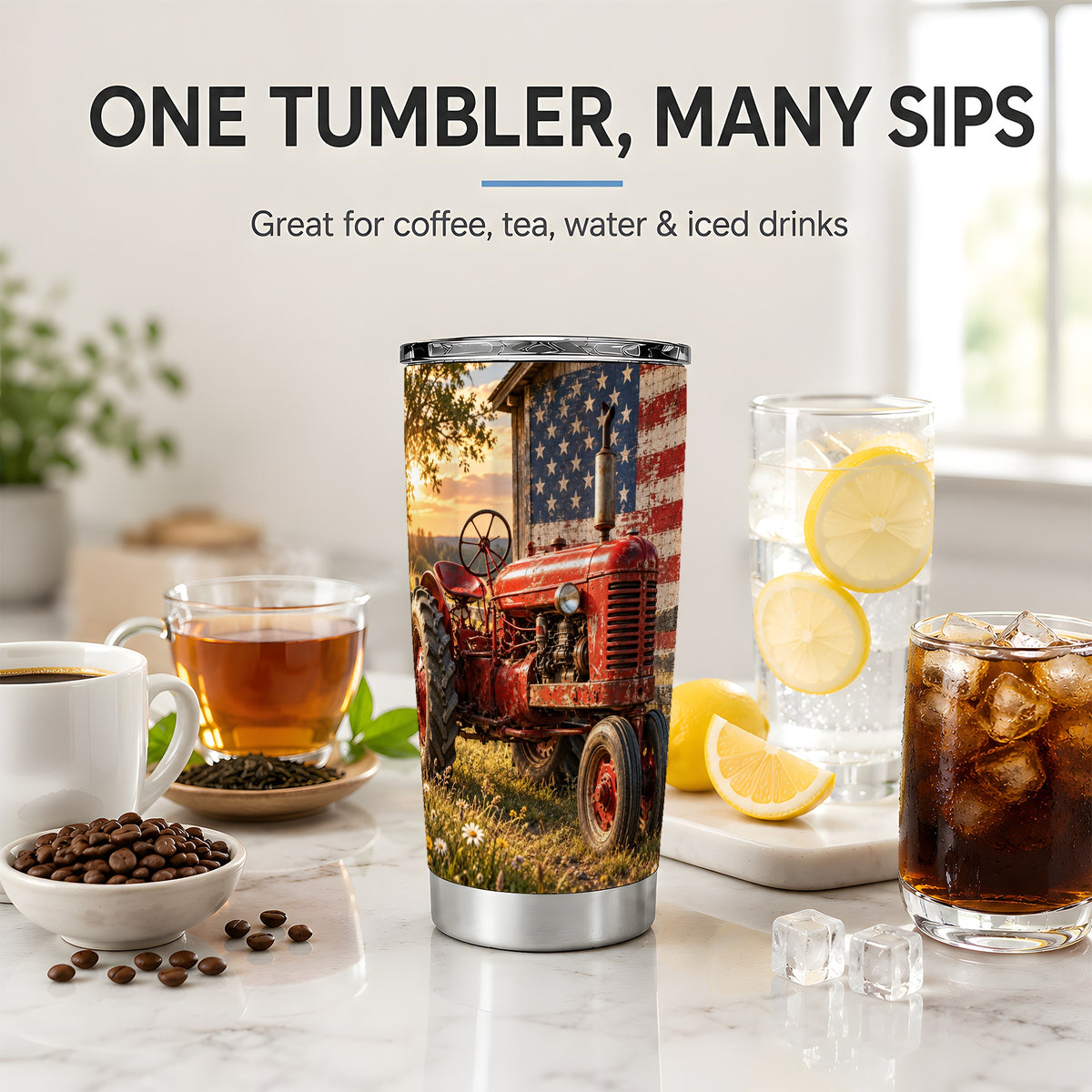 Rustic Tractor Tumbler, 20oz Stainless Steel Tumbler with Farm Art