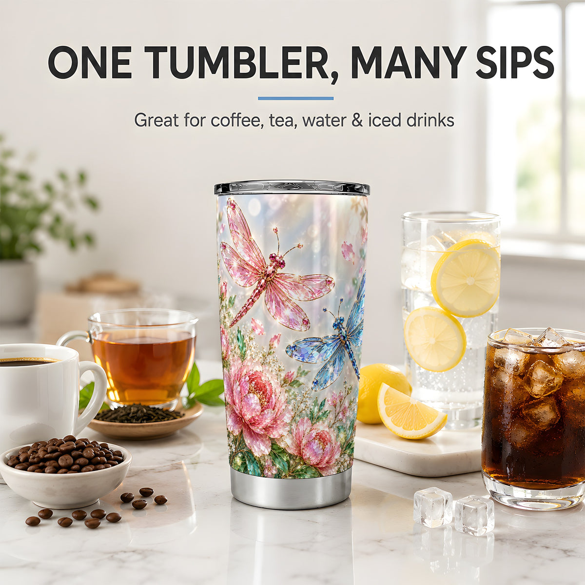 Floral Dragonfly Tumbler, 20oz Stainless Steel Tumbler with Floral Art