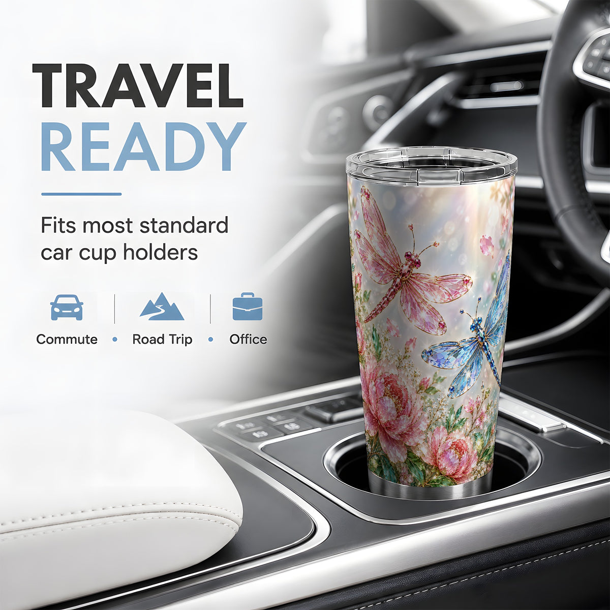 Floral Dragonfly Tumbler, 20oz Stainless Steel Tumbler with Floral Art