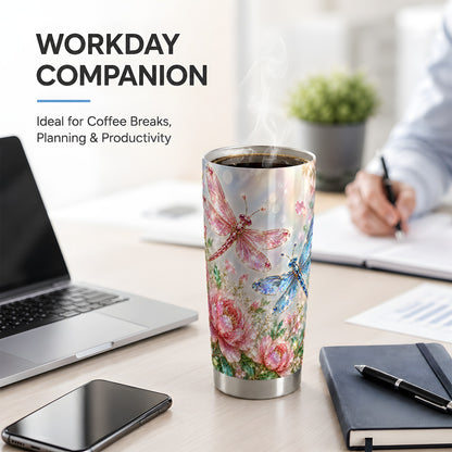 Floral Dragonfly Tumbler, 20oz Stainless Steel Tumbler with Floral Art