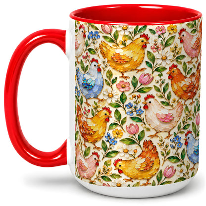#pl[15oz|Red] Floral Chicken Pattern Ceramic Mug, Colorful Farm Bird Artwork