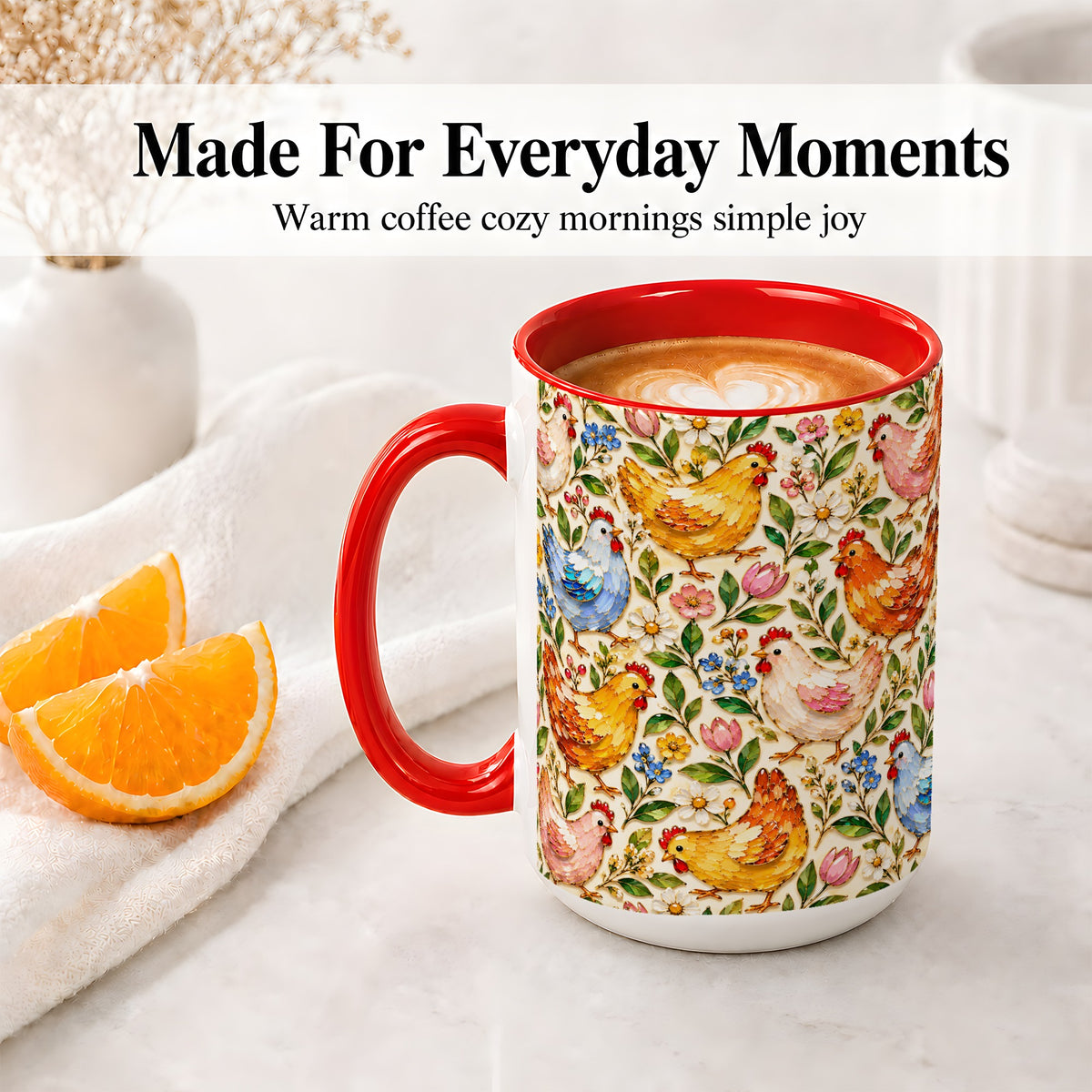 #pl[15oz|Red] Floral Chicken Pattern Ceramic Mug, Colorful Farm Bird Artwork