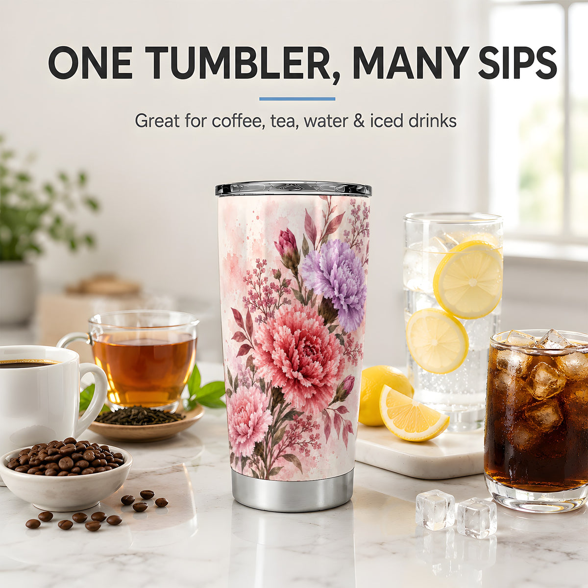 Pink Purple Watercolor Floral 20oz Tumbler for Flower Lovers