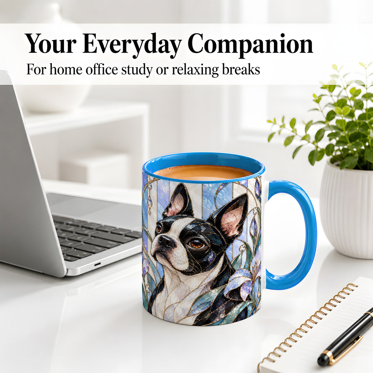 #pl[11oz|Blue] Floral Boston Terrier Ceramic Mug, Stained Glass Style Dog Art