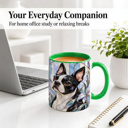 #pl[11oz|Green] Floral Boston Terrier Ceramic Mug, Stained Glass Style Dog Art