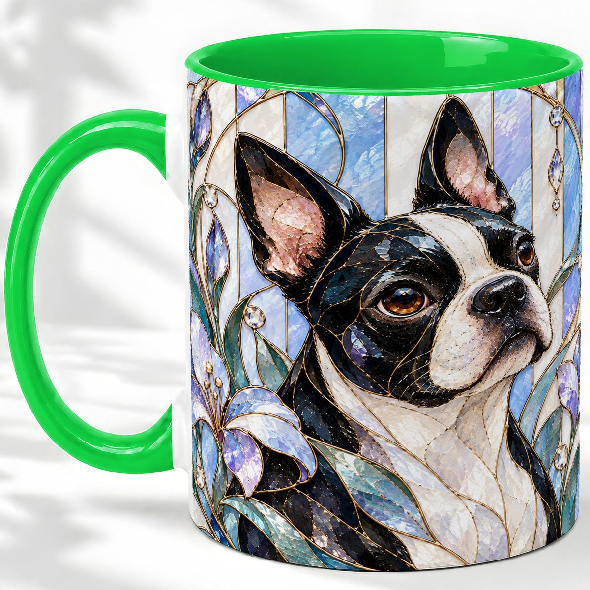 #pl[11oz|Green] Floral Boston Terrier Ceramic Mug, Stained Glass Style Dog Art
