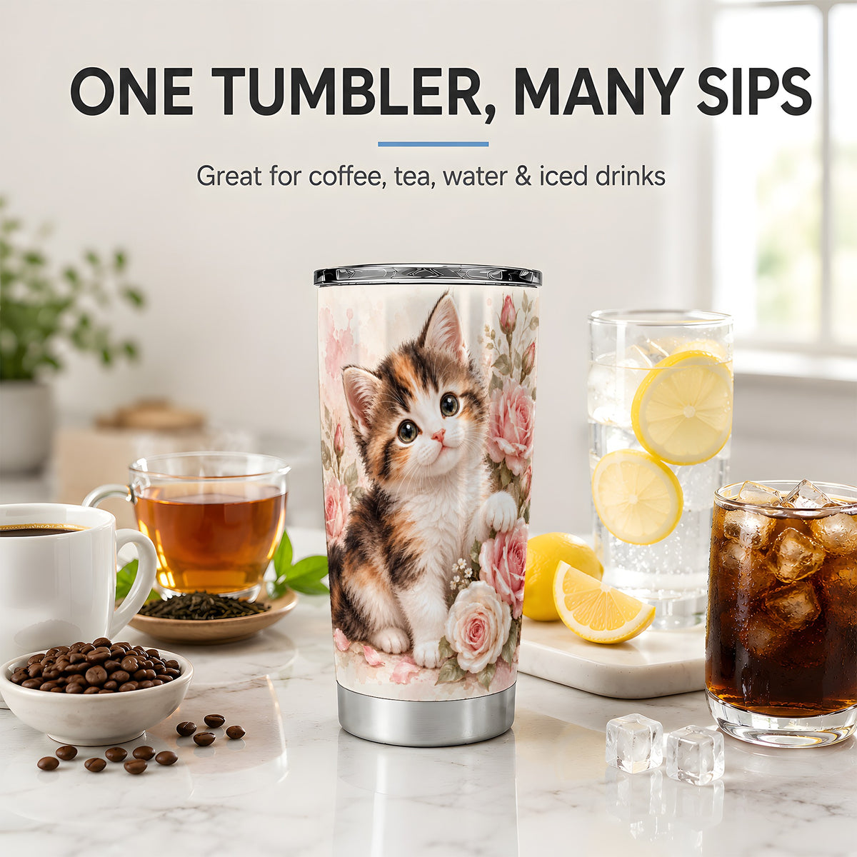 Calico Kitten Roses 20oz Tumbler for Cat Lovers