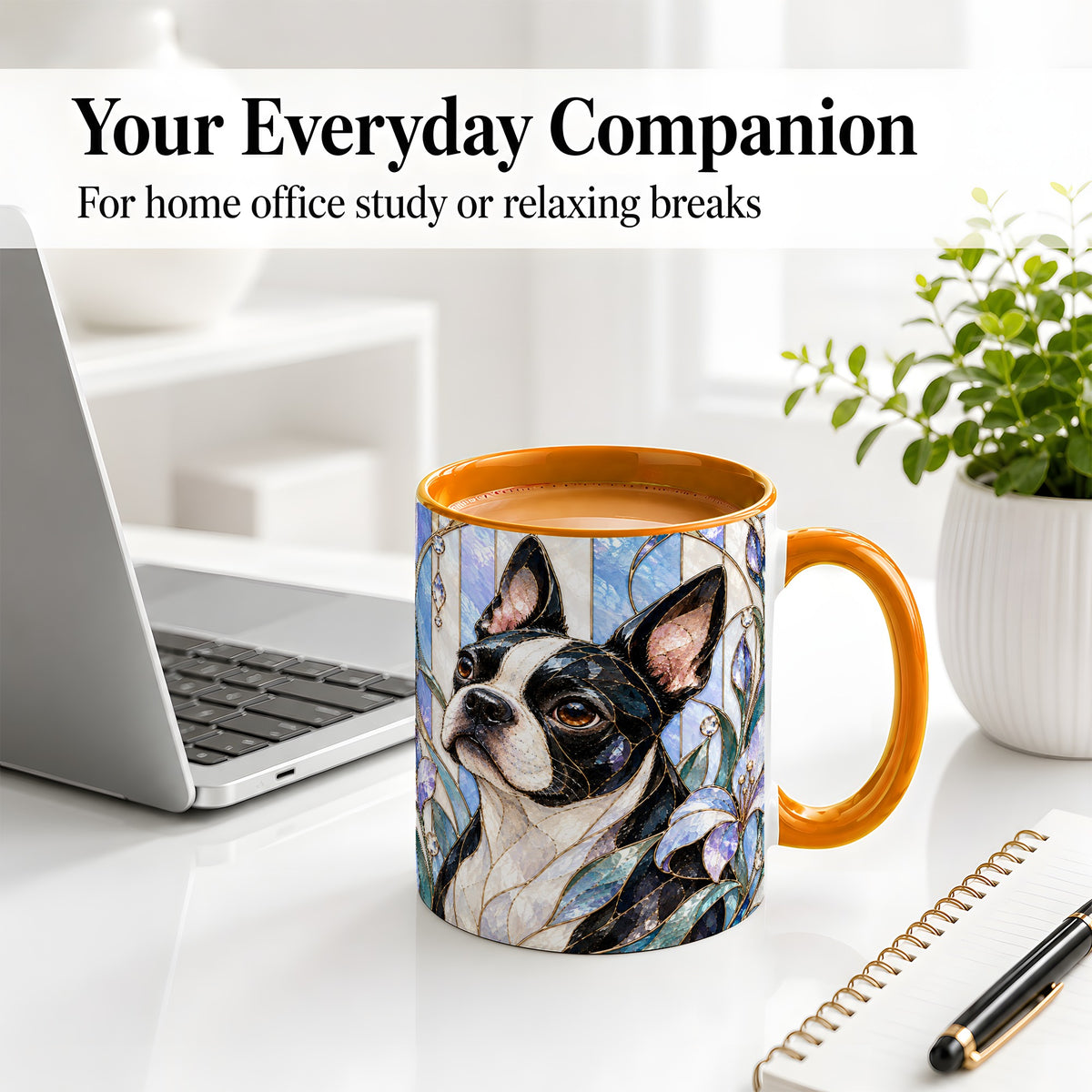 #pl[11oz|Orange] Floral Boston Terrier Ceramic Mug, Stained Glass Style Dog Art