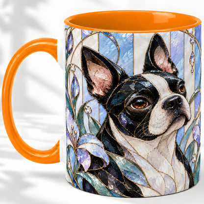 #pl[11oz|Orange] Floral Boston Terrier Ceramic Mug, Stained Glass Style Dog Art