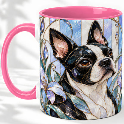 #pl[11oz|Pink] Floral Boston Terrier Ceramic Mug, Stained Glass Style Dog Art