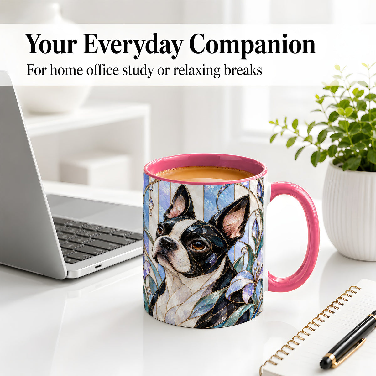 #pl[11oz|Pink] Floral Boston Terrier Ceramic Mug, Stained Glass Style Dog Art