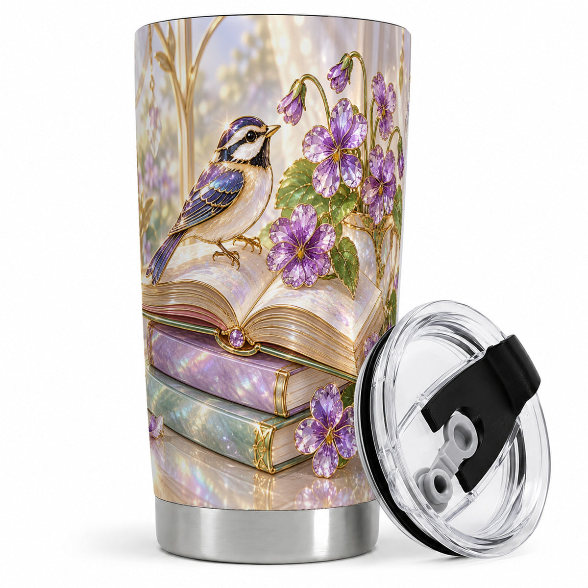 Blue Bird Purple Flowers 20oz Tumbler for Book Lovers
