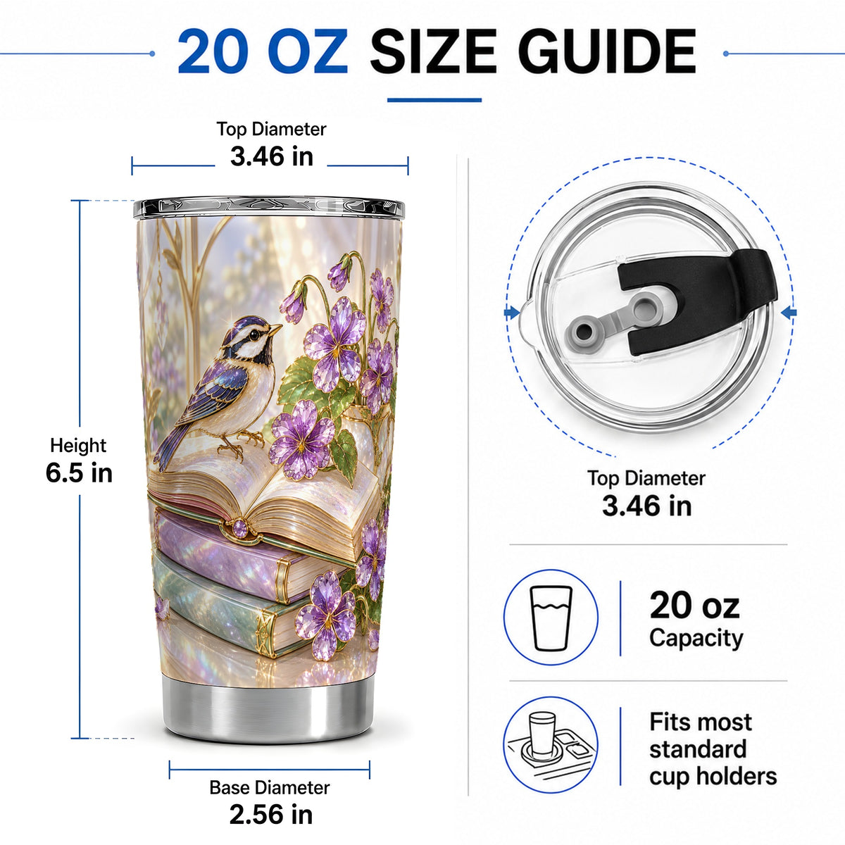 #pl[20oz|Steel] Blue Bird Purple Flowers 20oz Tumbler for Book Lovers