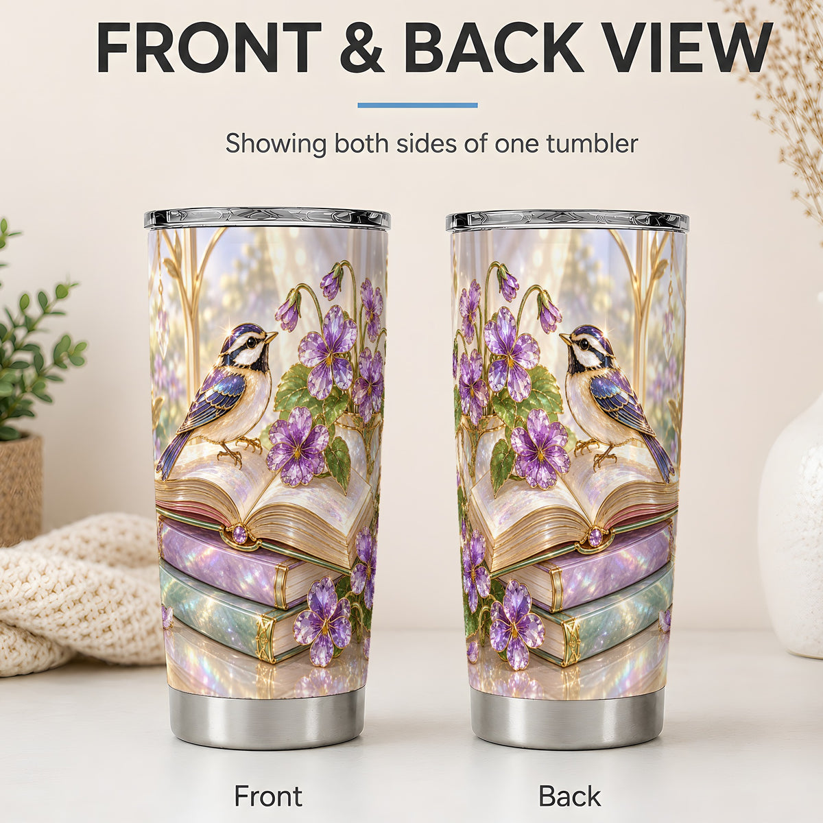 #pl[20oz|Steel] Blue Bird Purple Flowers 20oz Tumbler for Book Lovers