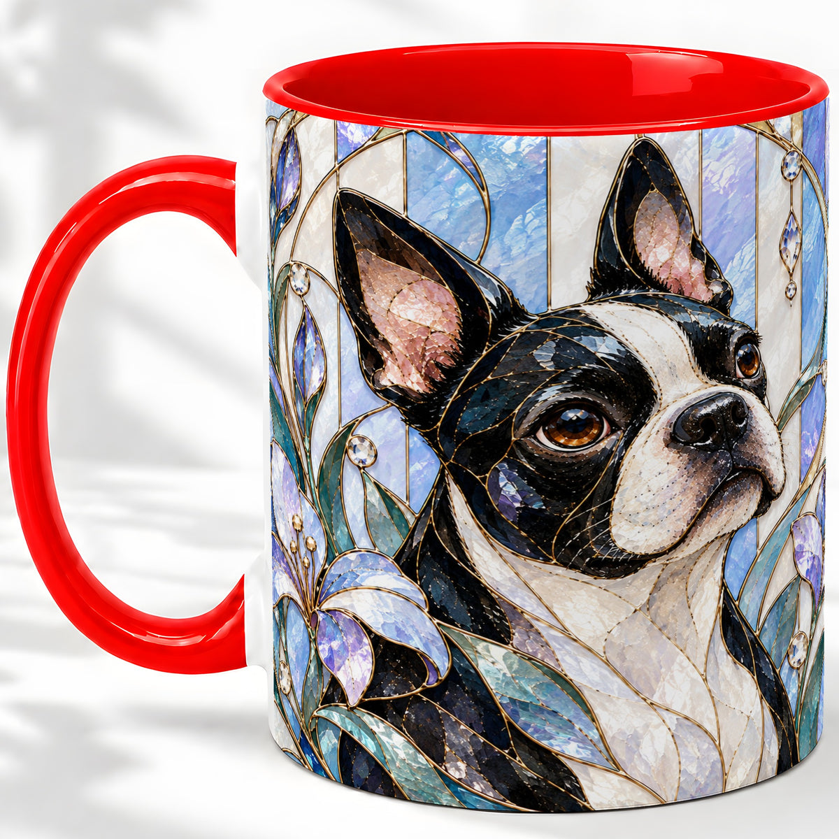 Floral Boston Terrier Ceramic Mug, Stained Glass Style Dog Art