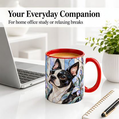 #pl[11oz|Red] Floral Boston Terrier Ceramic Mug, Stained Glass Style Dog Art