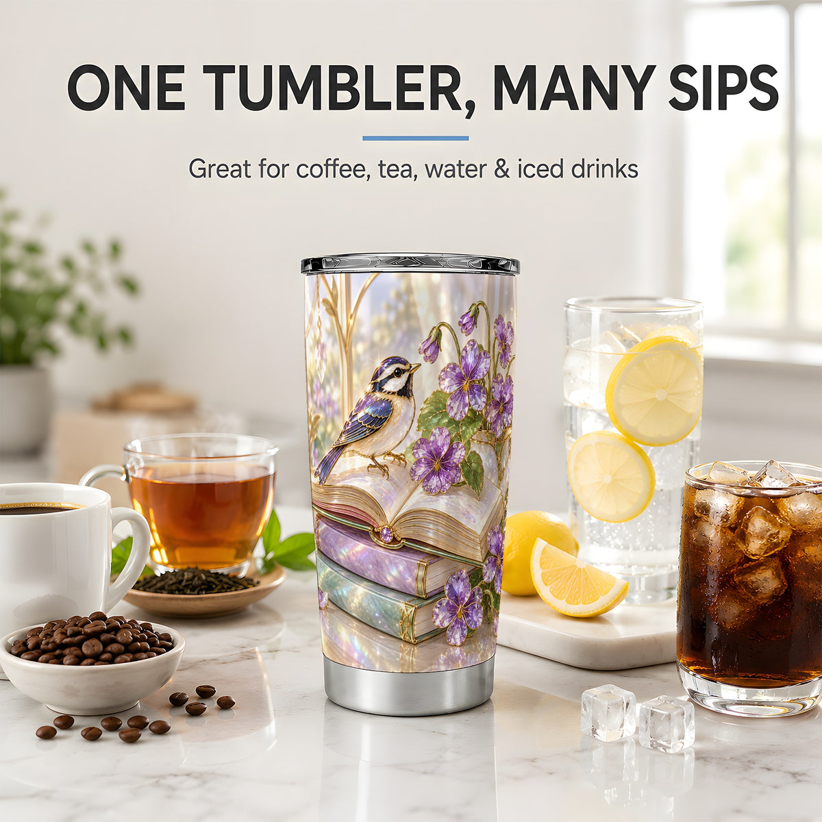 Blue Bird Purple Flowers 20oz Tumbler for Book Lovers