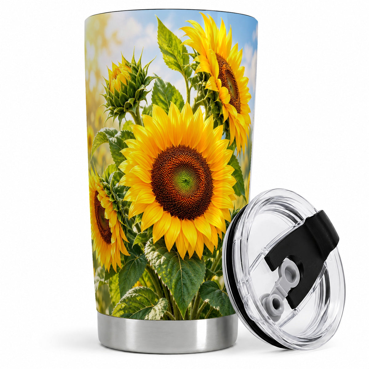 Sunflower Tumbler, 20oz Stainless Steel Drinkware with Floral Artwork