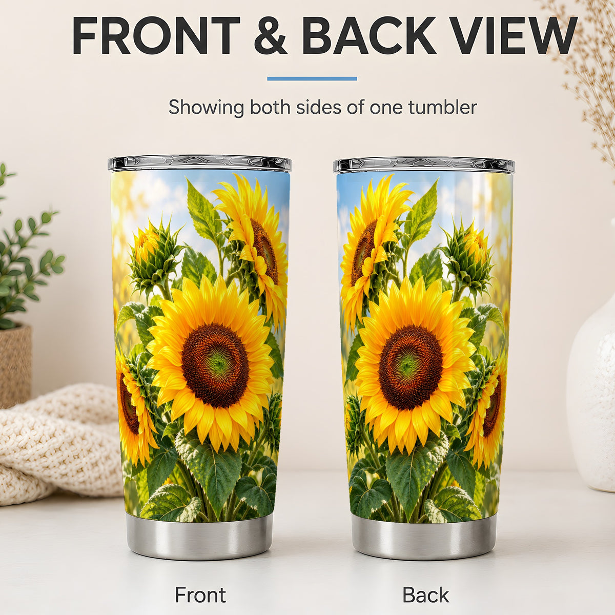 #pl[20oz|Steel] Sunflower Tumbler, 20oz Stainless Steel Drinkware with Floral Artwork