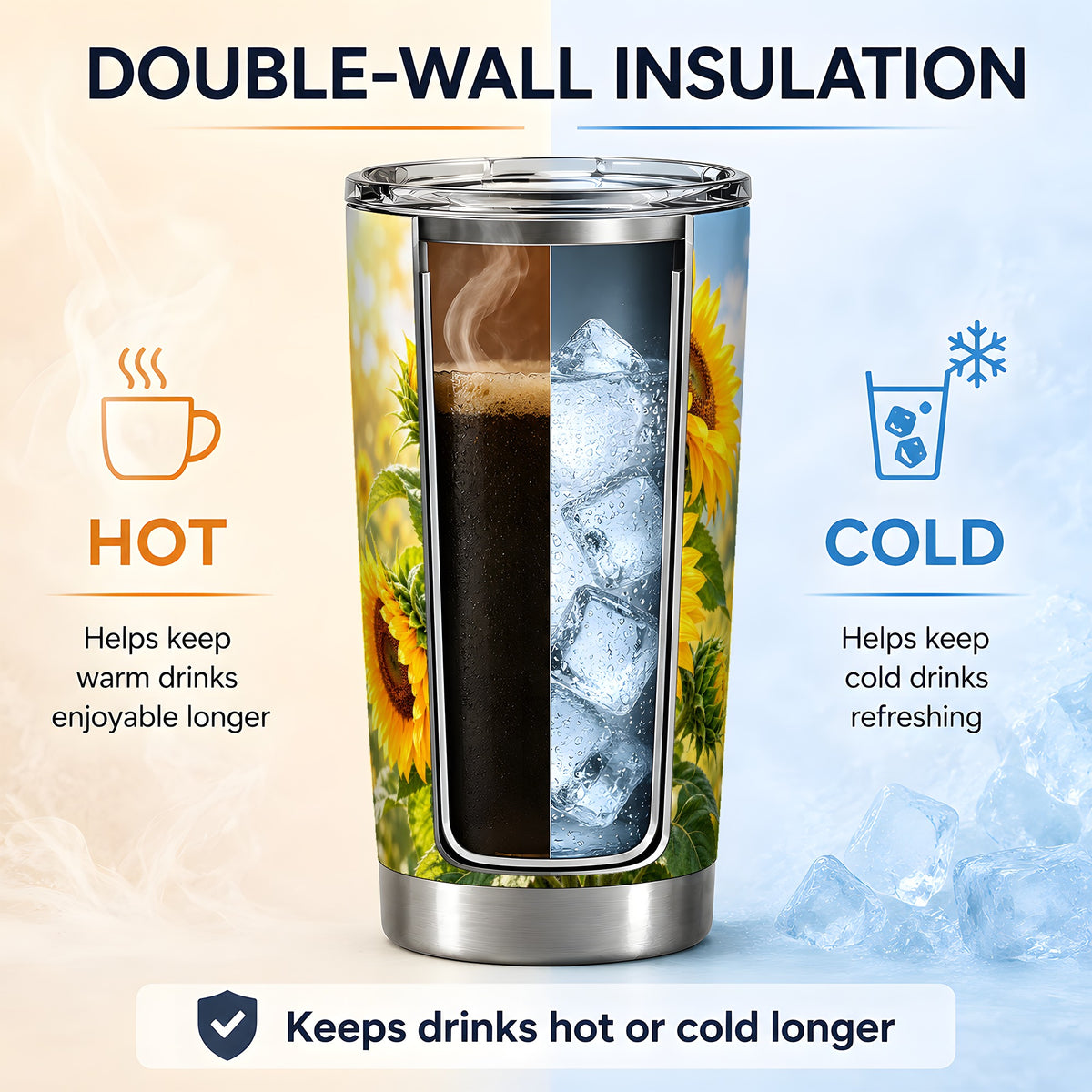 Sunflower Tumbler, 20oz Stainless Steel Drinkware with Floral Artwork