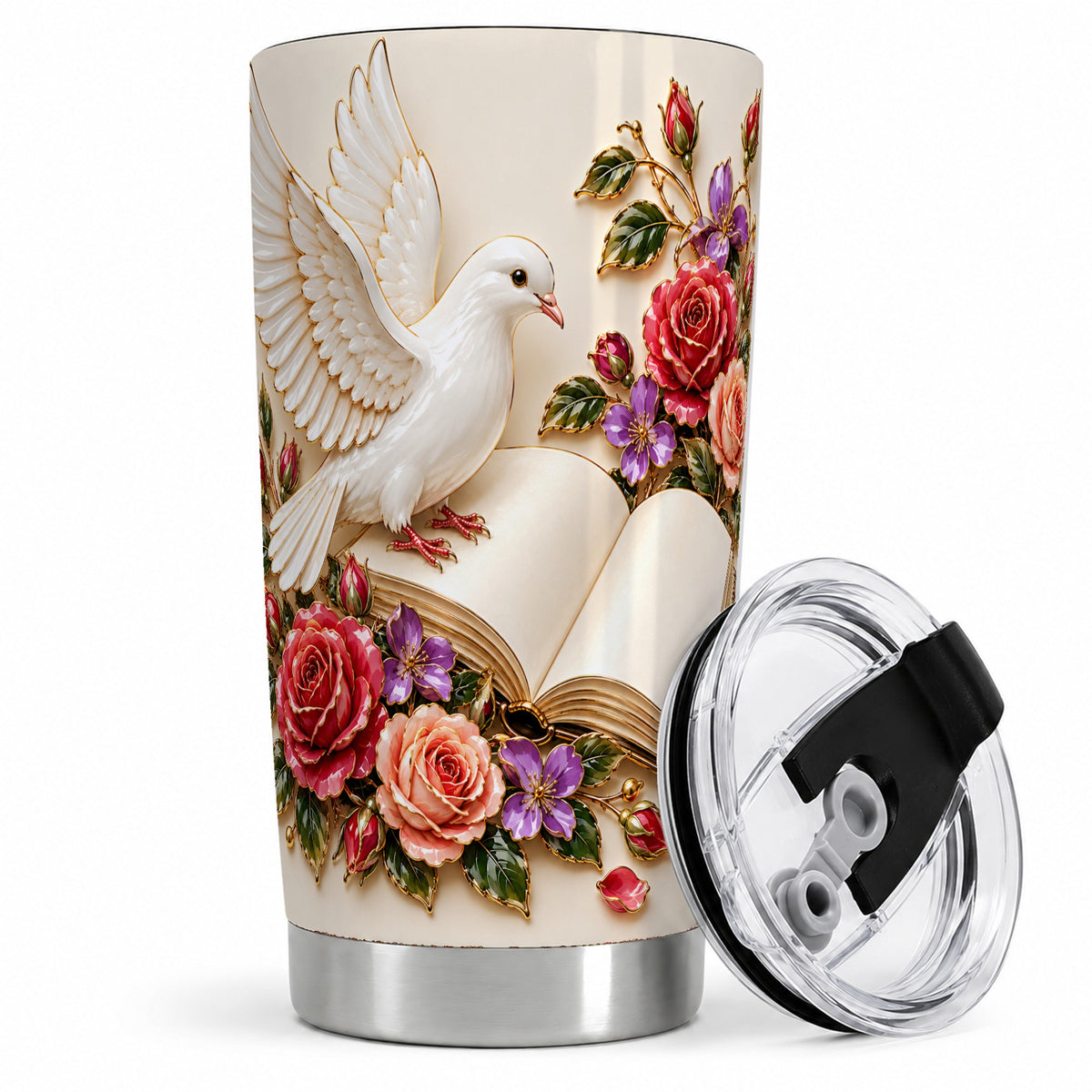 White Dove Floral Tumbler, 20oz Stainless Steel Drinkware with Roses