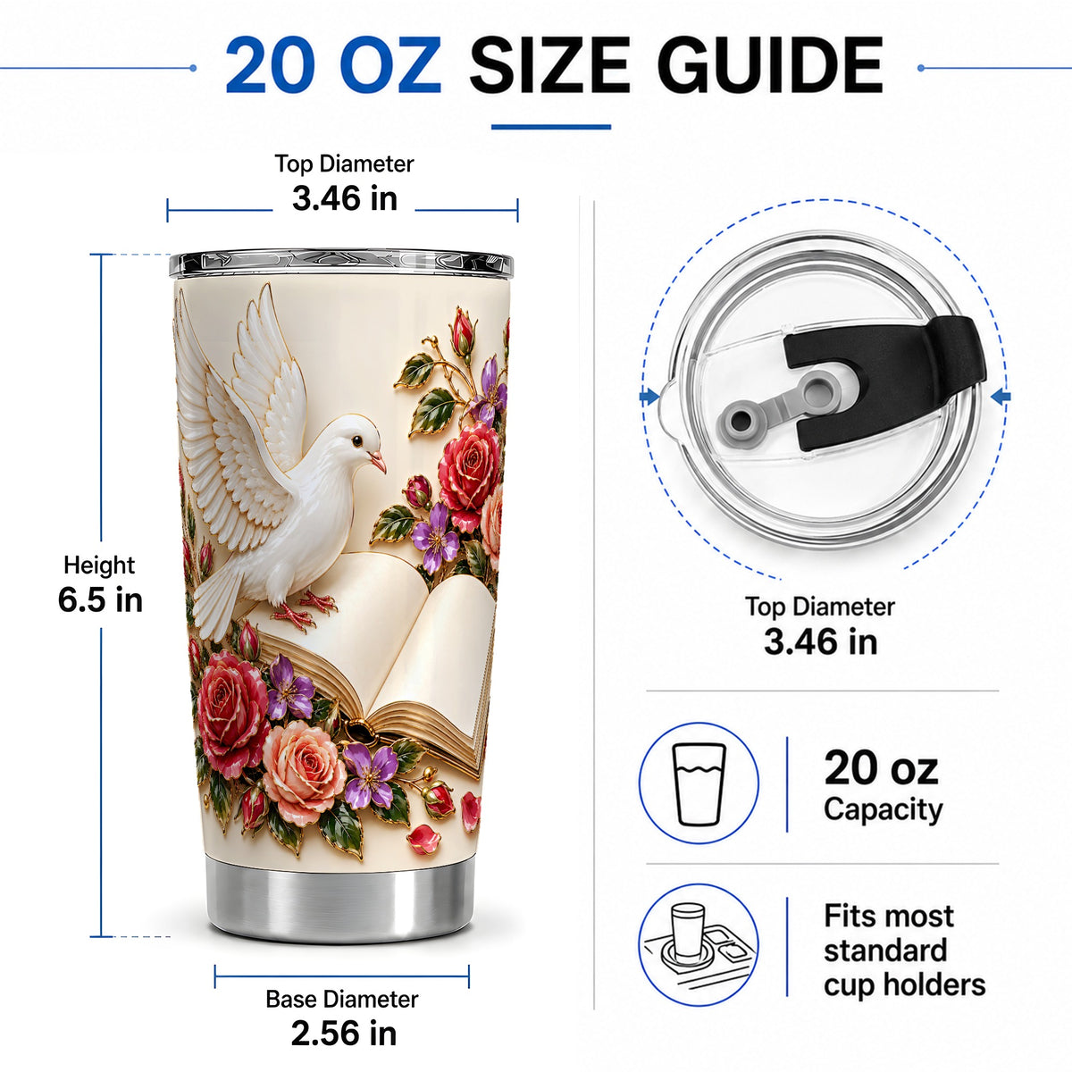 #pl[20oz|Steel] White Dove Floral Tumbler, 20oz Stainless Steel Drinkware with Roses
