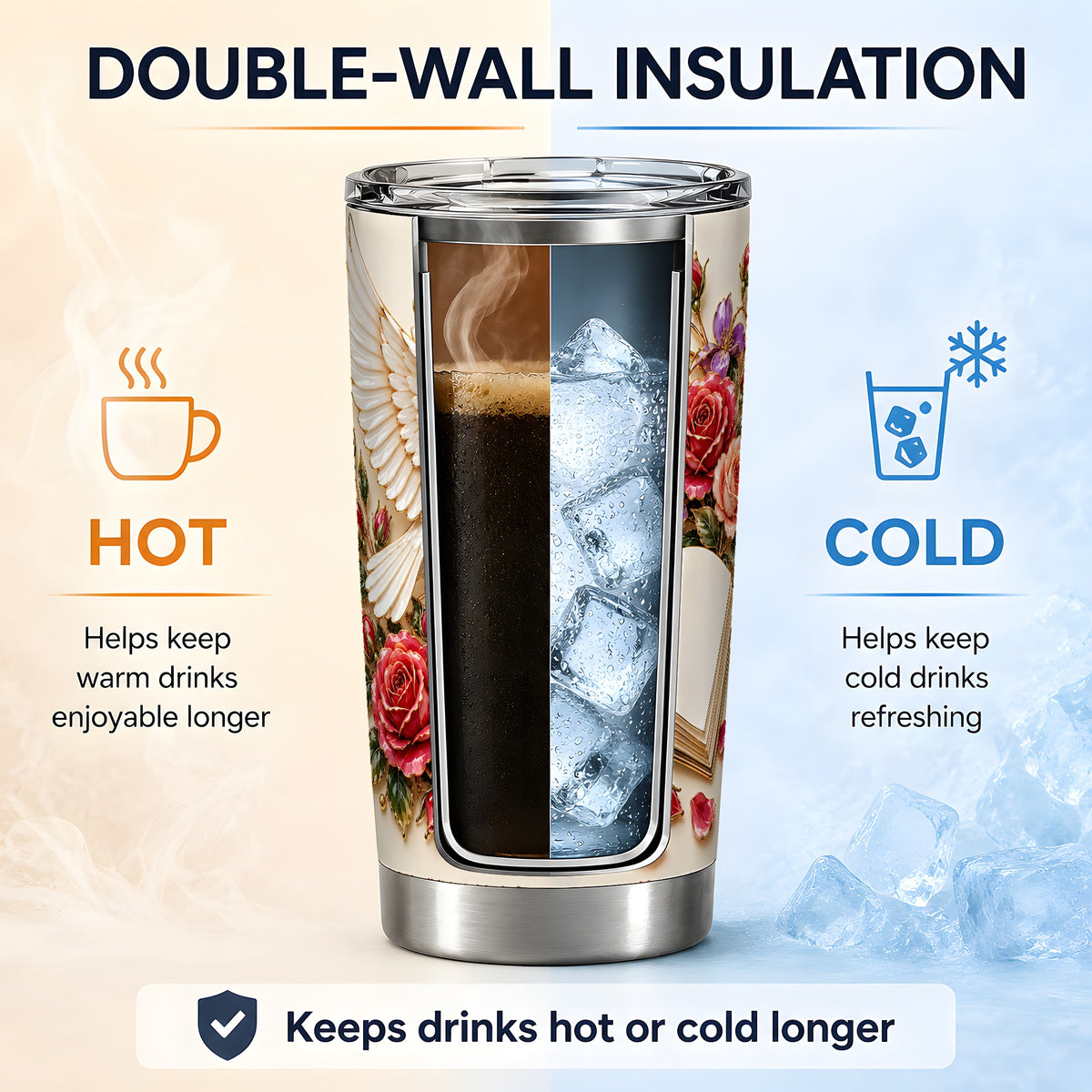 White Dove Floral Tumbler, 20oz Stainless Steel Drinkware with Roses