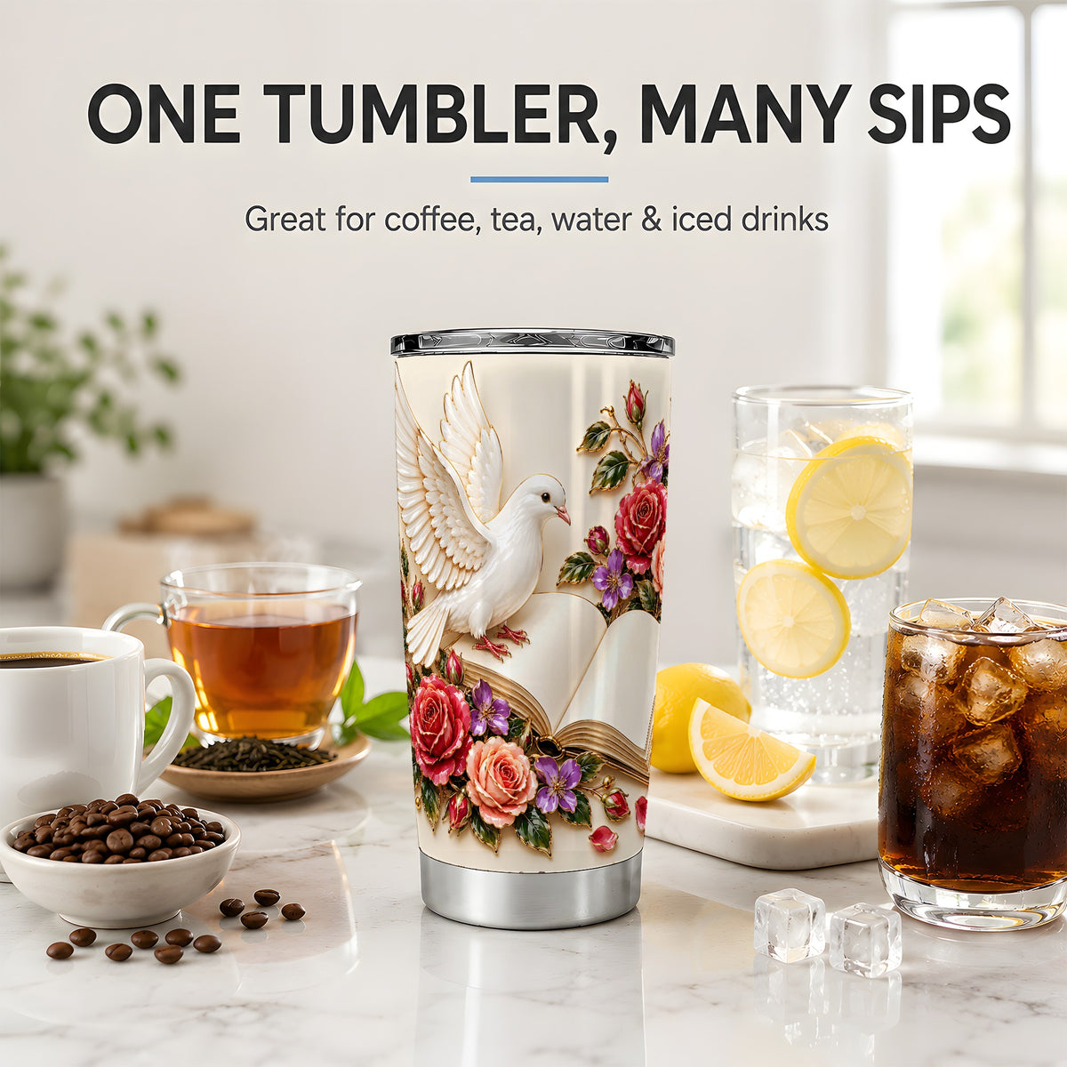 White Dove Floral Tumbler, 20oz Stainless Steel Drinkware with Roses