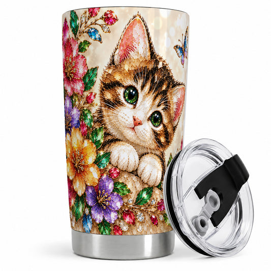 Floral Kitten Tumbler, 20oz Stainless Steel Drinkware with Cat Artwork