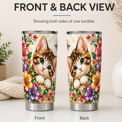 #pl[20oz|Steel] Floral Kitten Tumbler, 20oz Stainless Steel Drinkware with Cat Artwork
