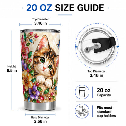 #pl[20oz|Steel] Floral Kitten Tumbler, 20oz Stainless Steel Drinkware with Cat Artwork