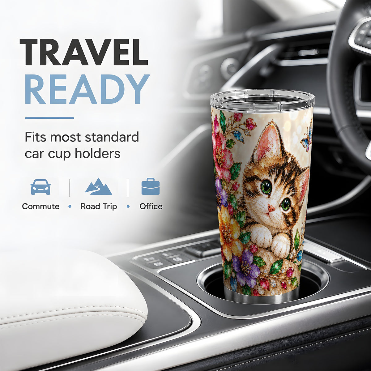 Floral Kitten Tumbler, 20oz Stainless Steel Drinkware with Cat Artwork