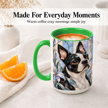 #pl[15oz|Green] Floral Boston Terrier Ceramic Mug, Stained Glass Style Dog Art