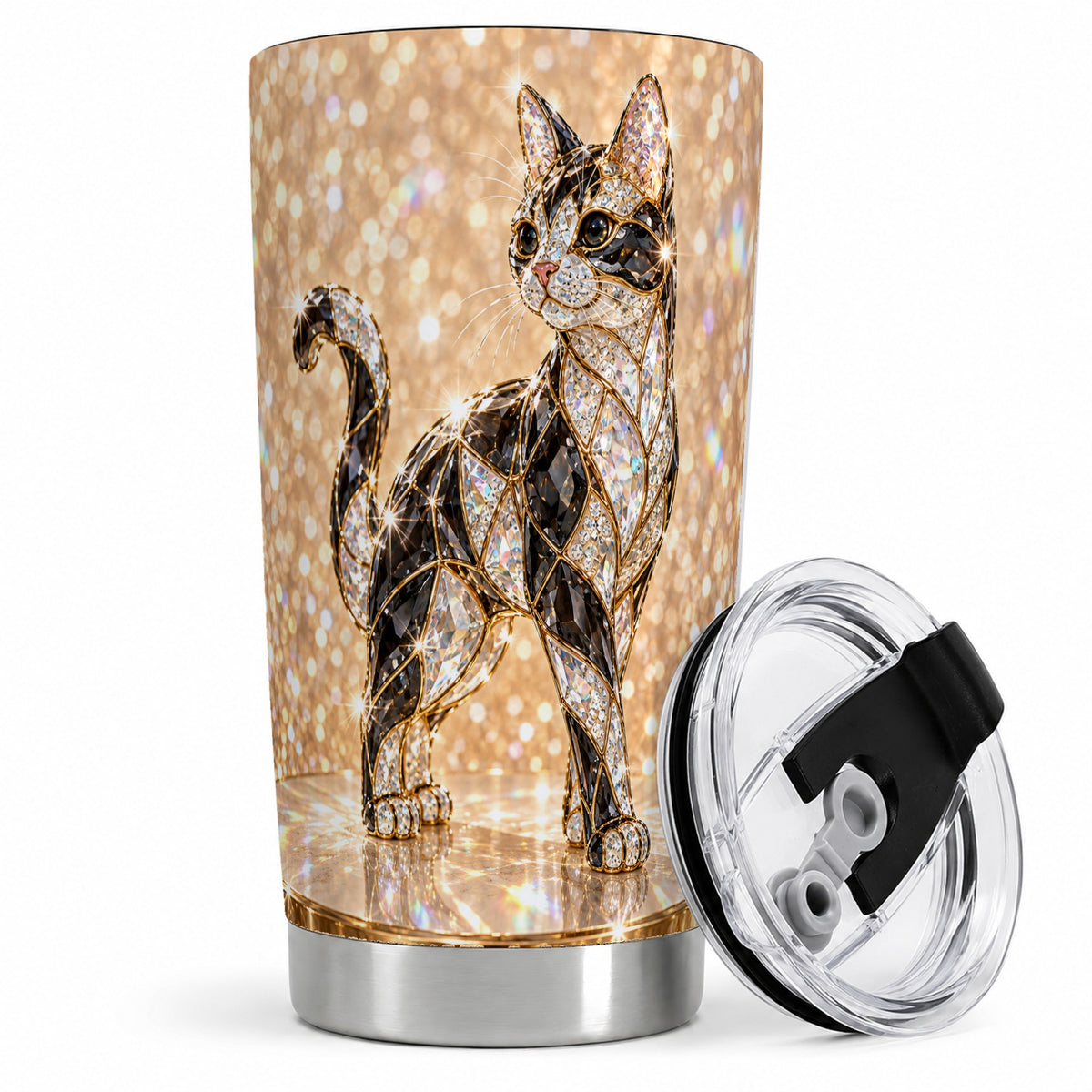 Jeweled Cat Tumbler, 20oz Stainless Steel Drinkware with Cat Artwork