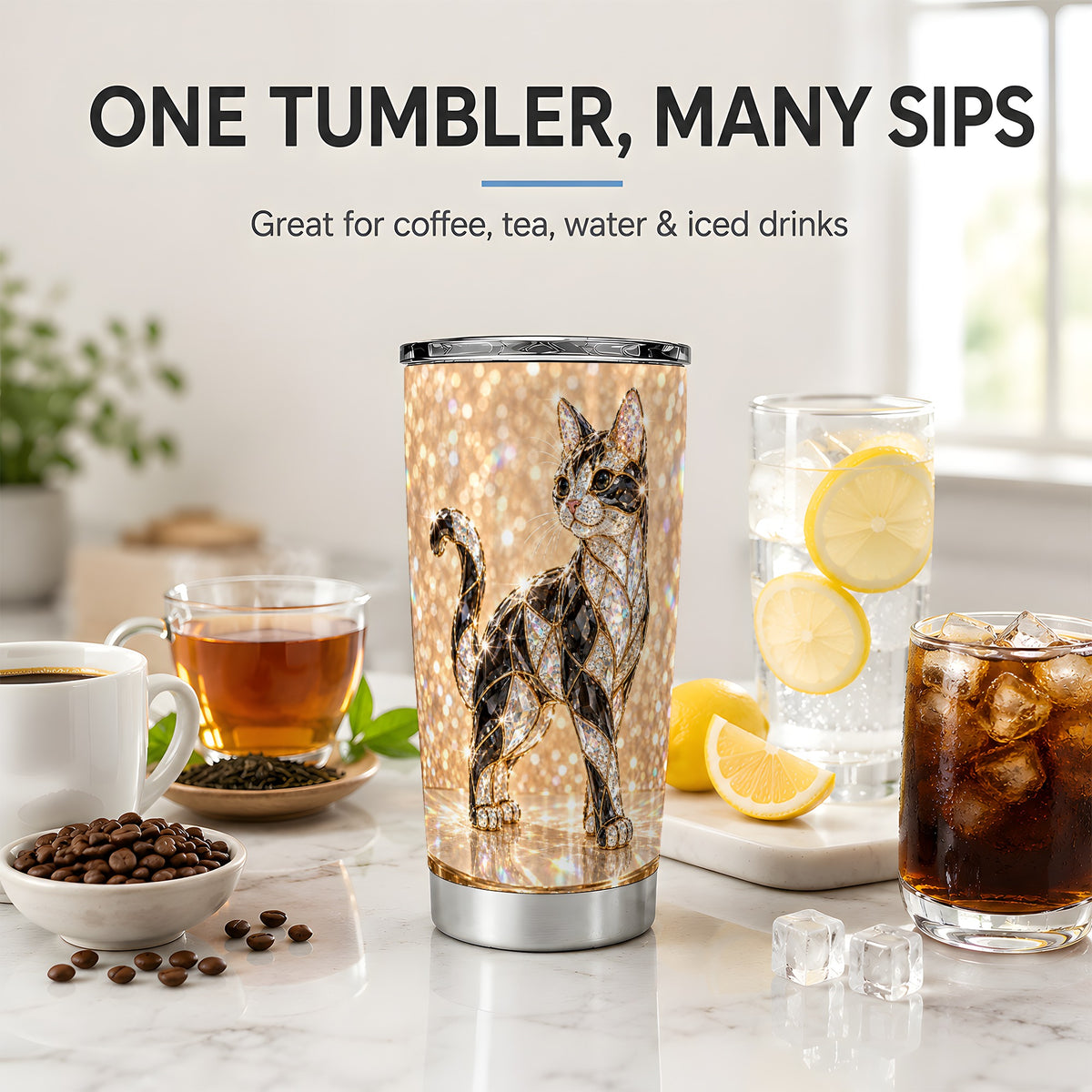 Jeweled Cat Tumbler, 20oz Stainless Steel Drinkware with Cat Artwork