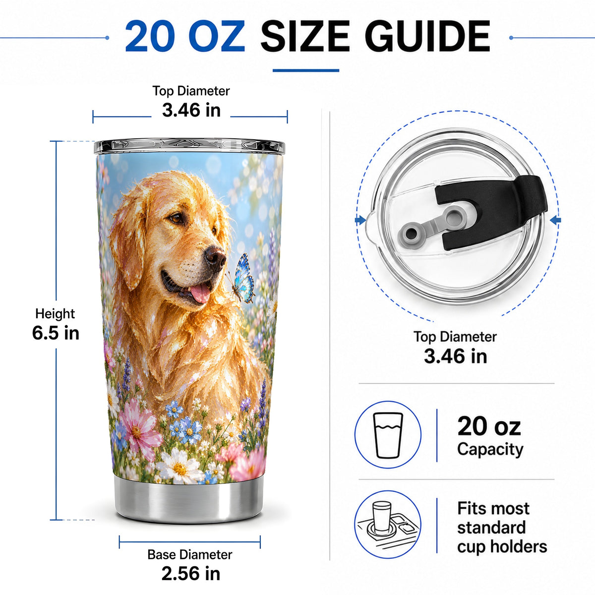 #pl[20oz|Steel] Golden Retriever Tumbler, 20oz Stainless Steel Drinkware with Floral Art